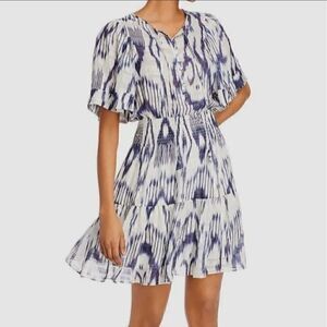 REBECCA TAYLOR 100% Silk White Blue Printed Short Sleeve Ikat Smock Dress Size 4